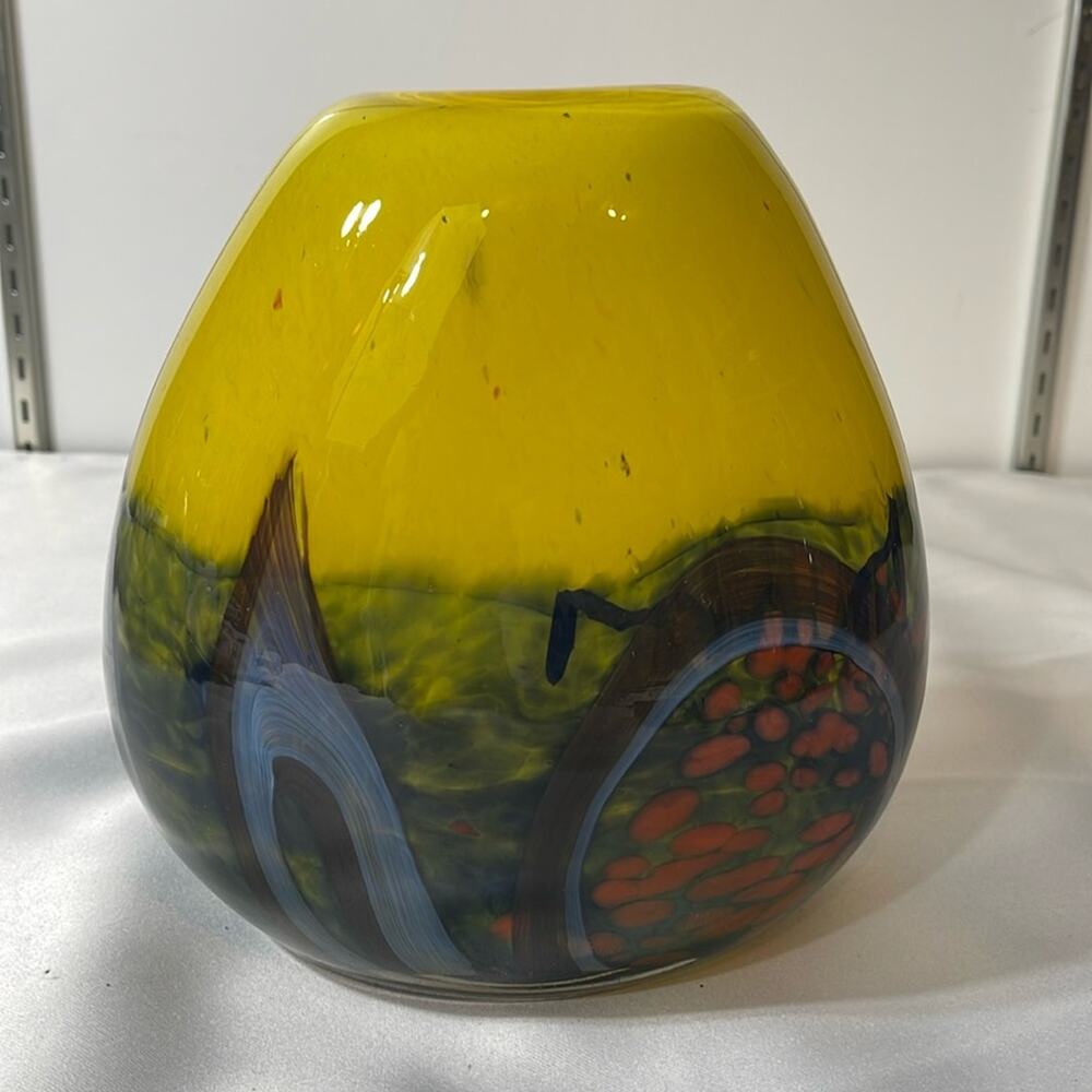 Signed Hand Blown  Glass Vase Yellow Blue Orange Oval By Romanian Artist - Picture 8 of 8